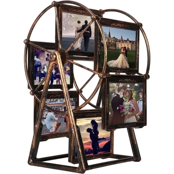 Qunbio 12 Photos Rotating Ferris Wheel Picture Frame, Vintage Embossed Designs 5 inches Frame for Home Decor Wedding Birthday Gifts, Antique Bronze