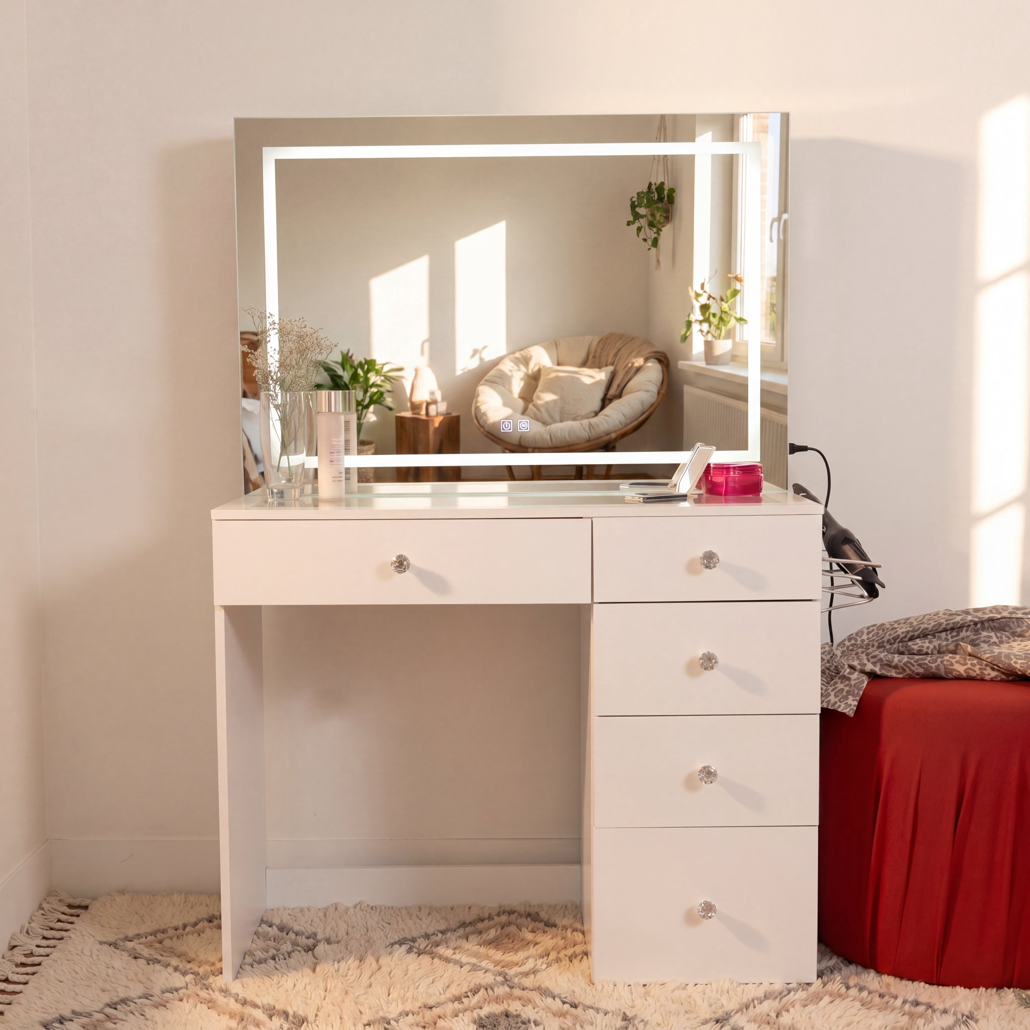 Boahaus Lyra Vanity Desk with LED Mirror and Built-In Speakers – Compact Makeup Vanity Table with Storage and Power Outlet