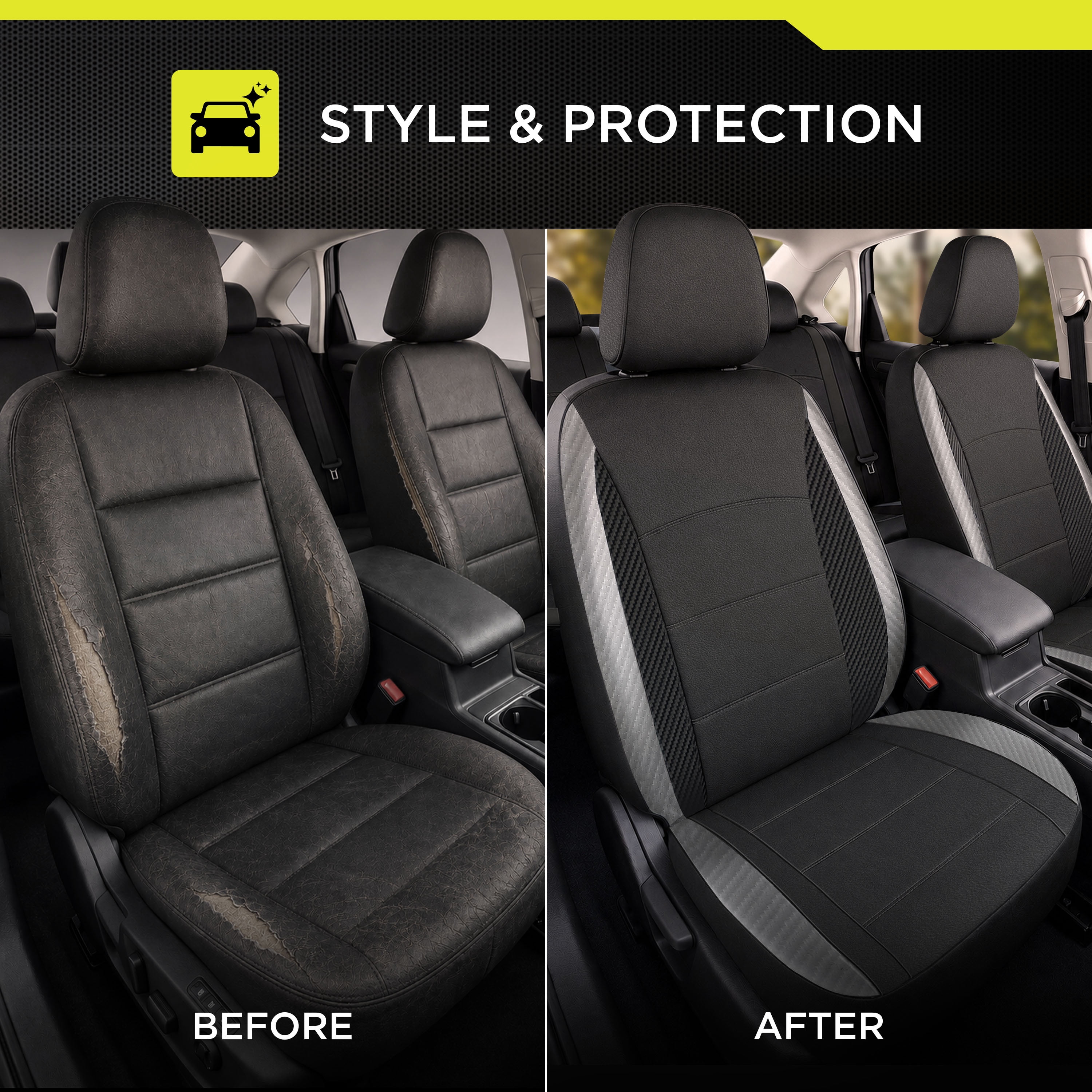 Auto Drive Front Bucket Seat Covers, 2-Piece Set, Faux Leather, Universal Fit for Cars, SUVs & CUVs, Black/Grey Carbon Fiber
