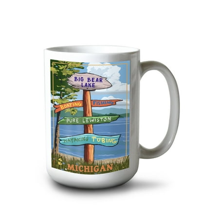 

Lantern Press 15 fl oz Ceramic Mug Little Bear Lake Lewiston Michigan Destinations Sign Dishwasher & Microwave Safe