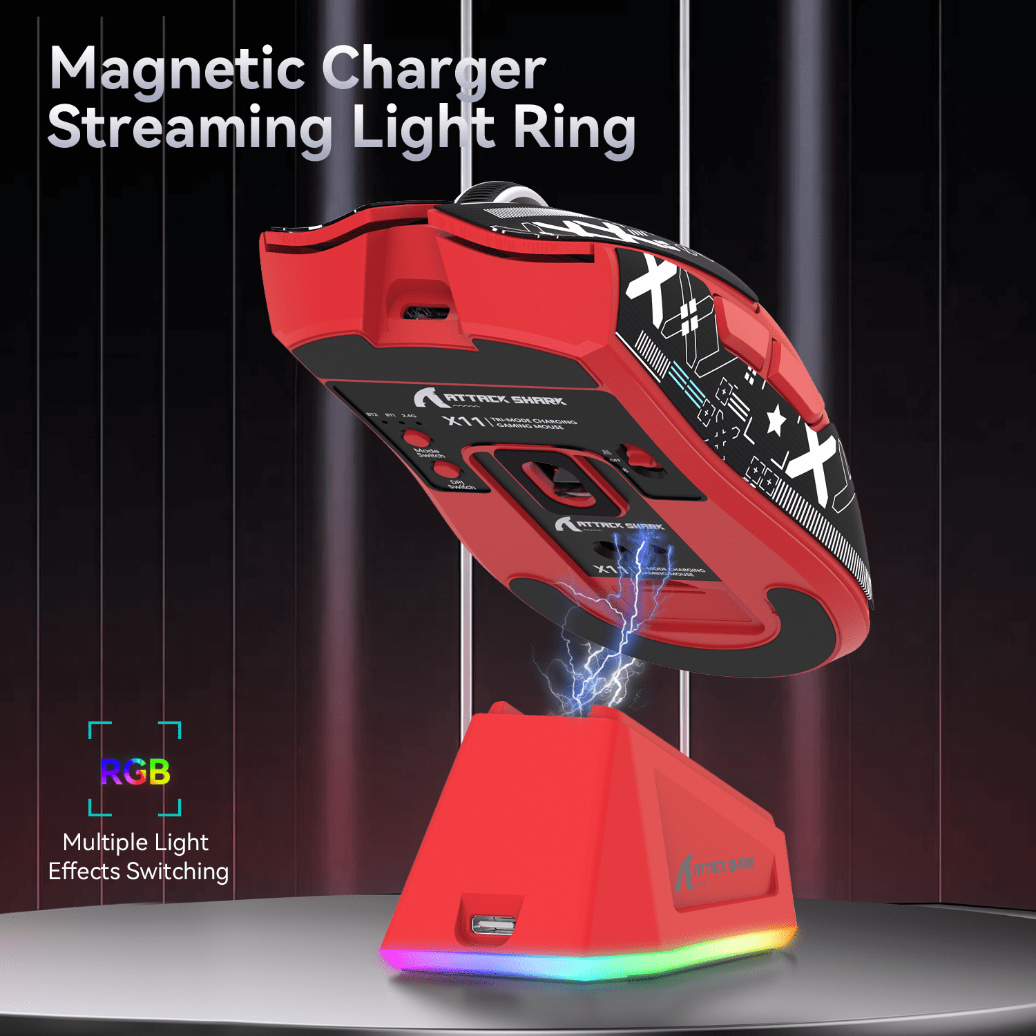 ATTACK SHARK X11 59g Wireless Gaming Mouse with RGB Magnetic Charging Dock, PixArt PAW3311 Sensor, Wired/2.4G/Bluetooth, 22K DPI for PC/Mac-Red&Tape