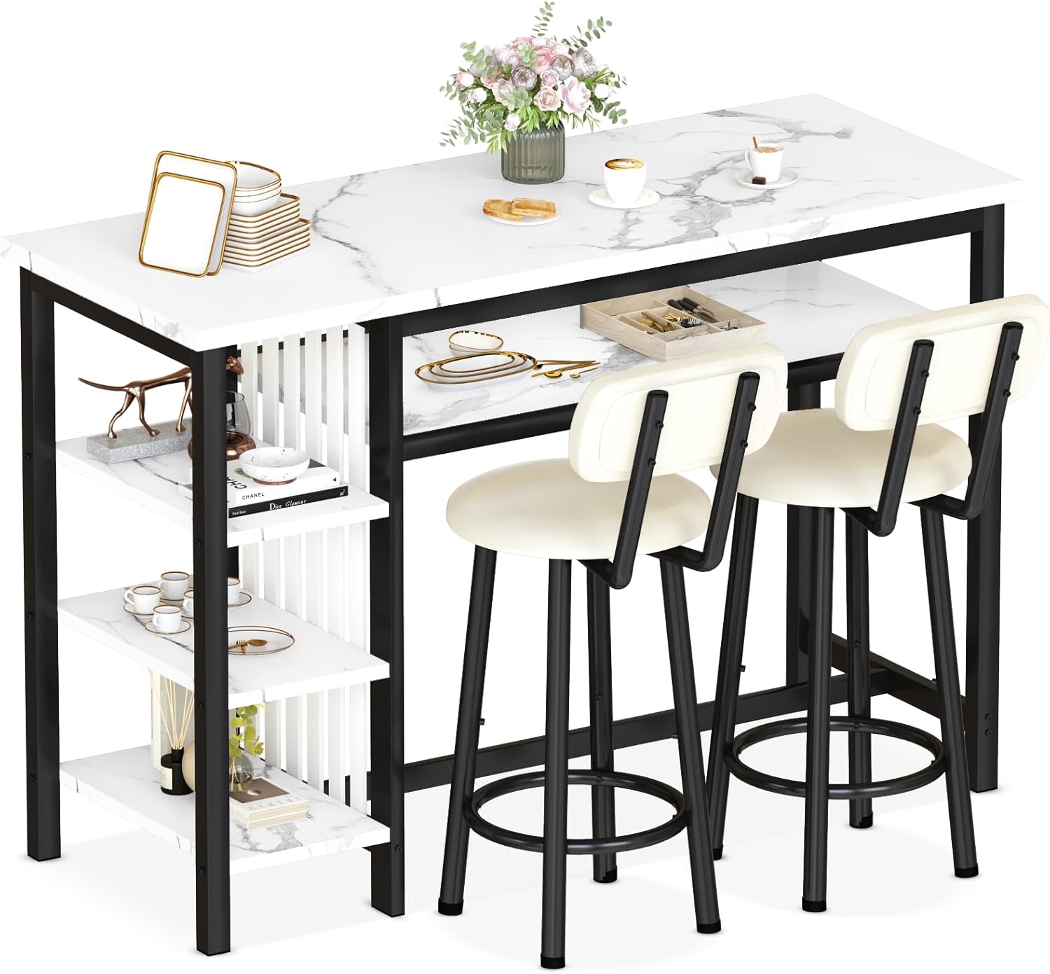 Cvortll Bar Table and Chairs Set, Kitchen Counter with 3 Tier Storage Shelves,3-Piece Faux Marble Table with 2 PU Cushion Bar Stools,Black Legs