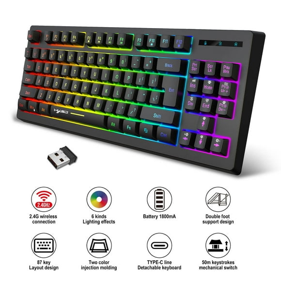 87-KEY Wireless Keyboard Rechargeable Gaming Keyboard Multi-Color Changing LED Backlit Keyboard Mechanical Keyboard, Compact Form Factor, Tactile Switch With Ergonomic Vertical feel For Notebook PC