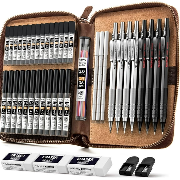 Nicpro 45PCS Black & Silver Metal Mechanical Pencil Set in Leather Case, Art Drafting Pencil 0.5, 0.7, 0.9 mm, 2mm Lead Holders for Sketching Drawing with 27 Tube (6B 4B 2B HB 2H 4H Colors)Lead Refil