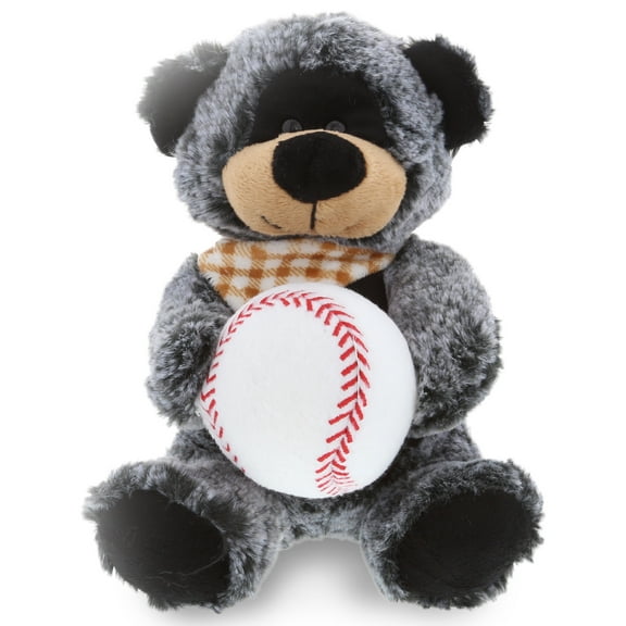 DolliBu Sitting Black Bear Stuffed Animal with Baseball Plush - Soft Plush Huggable Bear, Adorable Playtime Plush Toy, Cute Wildlife Gift, Baseball Plush Animal Toy for Kids and Adults - 9 Inch