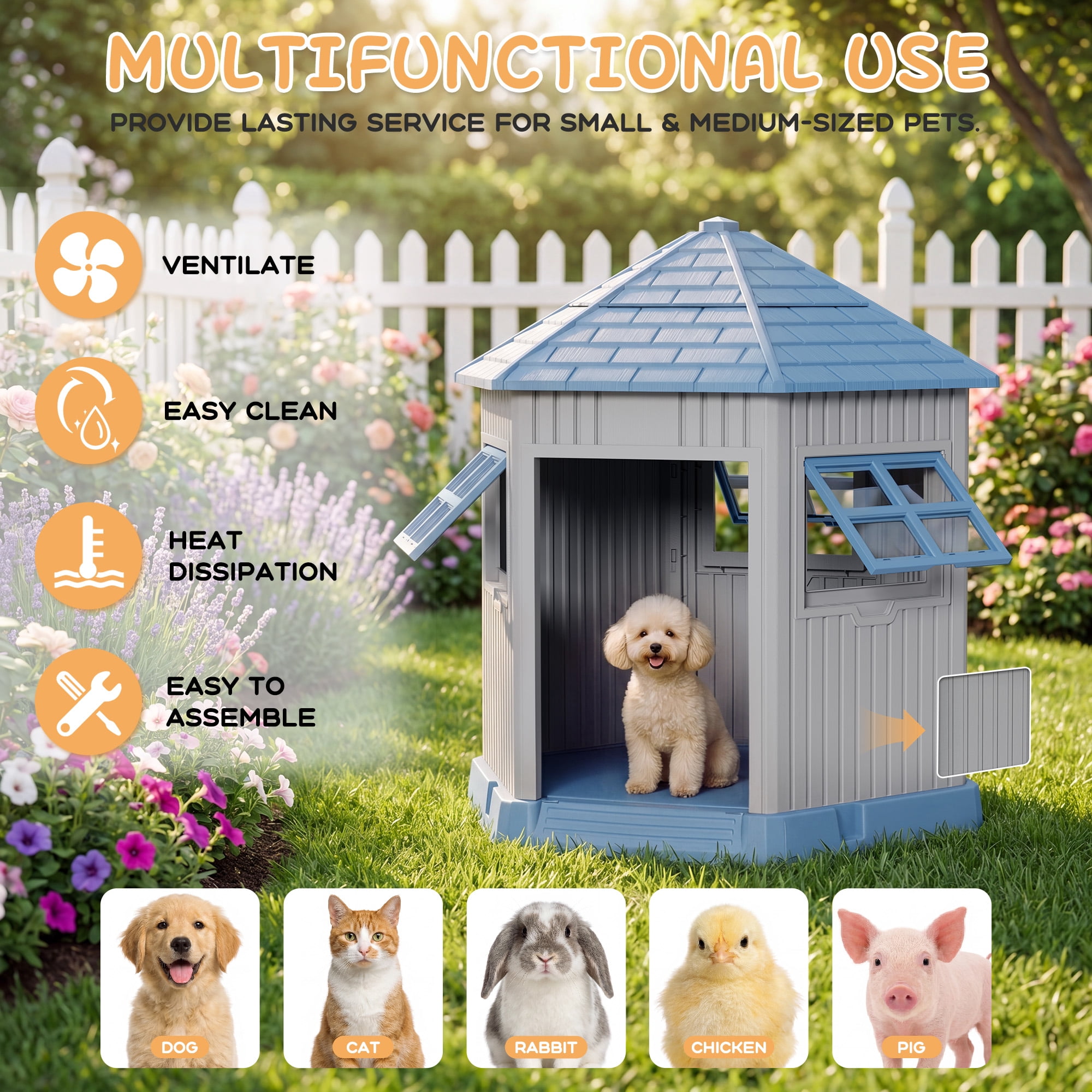 Nihsuao Durable Waterproof Dog House for Medium to Large Dogs, Indoor Outdoor Plastic Kennel with Elevated Floor & Air Vents, Easy Clean & Assemble, Blue, 33.5"L x 29.5"W x 37.4"H