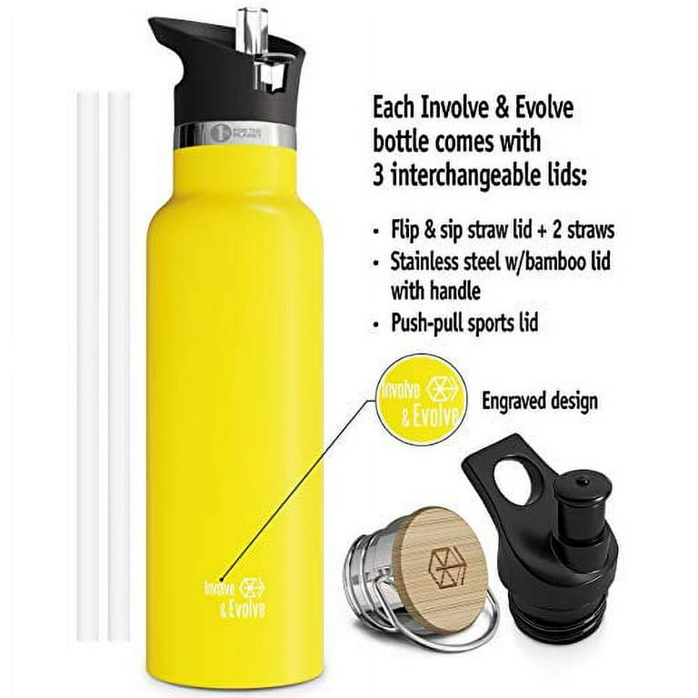 Involve & Evolve Insulated Water Bottle with 3 Lids (Straw Lid) Kids  Reusable Double Walled Stainless Steel Flask Metal Thermos 12oz 17oz 20oz  25oz (25 oz, Bare Yellow) 