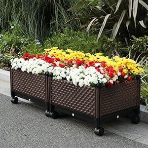 Elevated Plastic Wheeled Raised Garden Bed Planter Kit for Flower Vegetable Grow Brown Set of (Best Plants For Raised Flower Beds)
