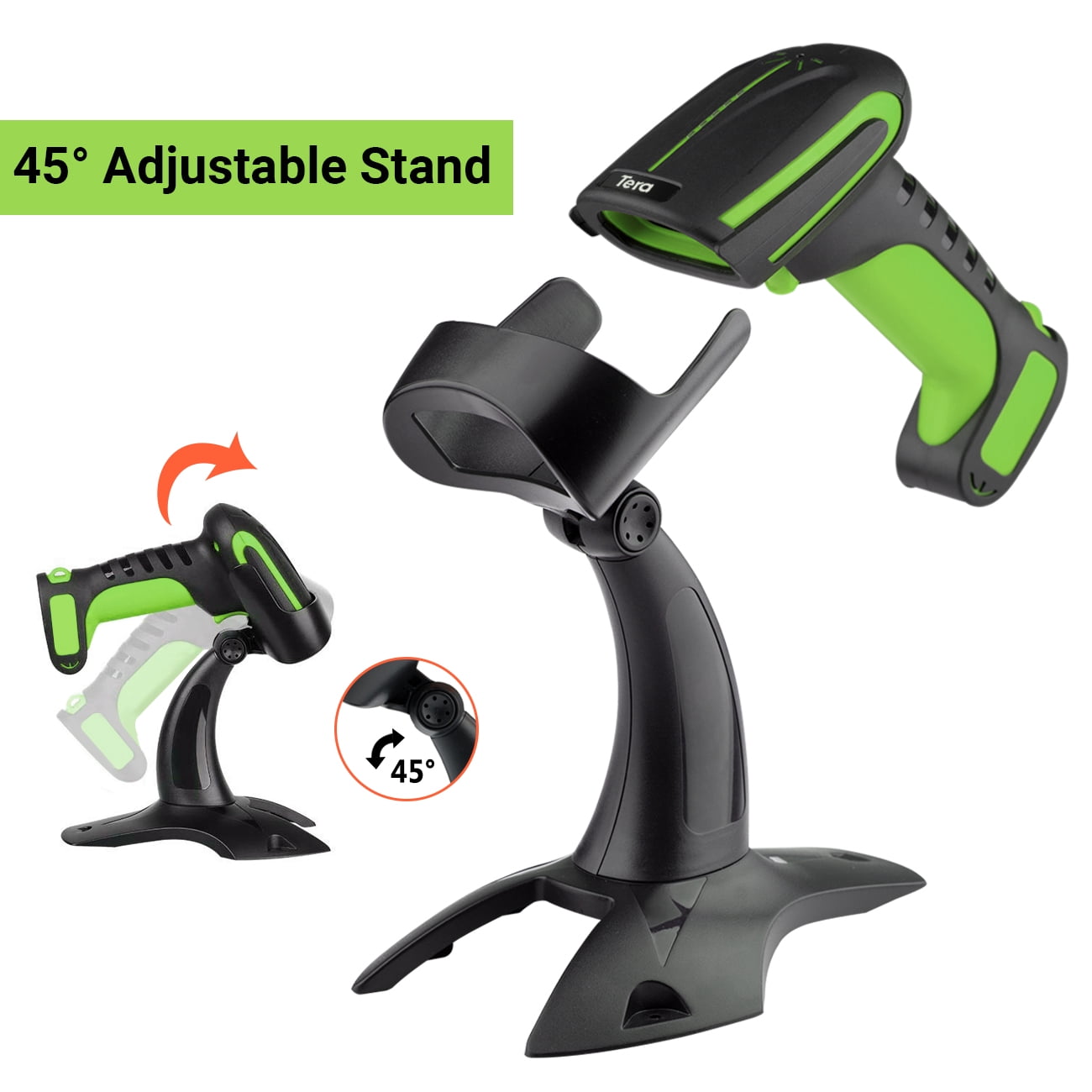 Tera Wireless Industrial 2D Barcode Scanner with Stand 3 in 1 connection  Anti-Drop Bar Code Reader Green 8100
