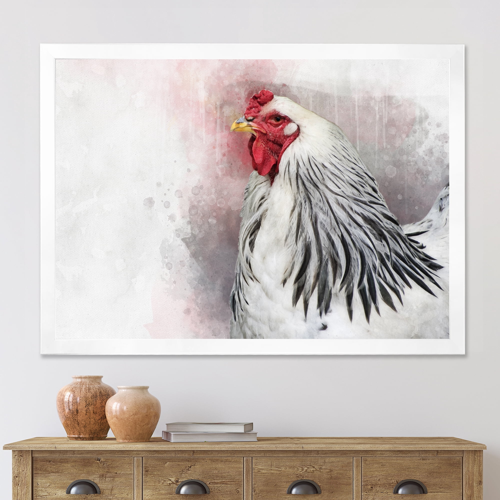 Designart 'Close Up Of White Columbia Brahma Rooster Bird' Traditional Framed Art Print