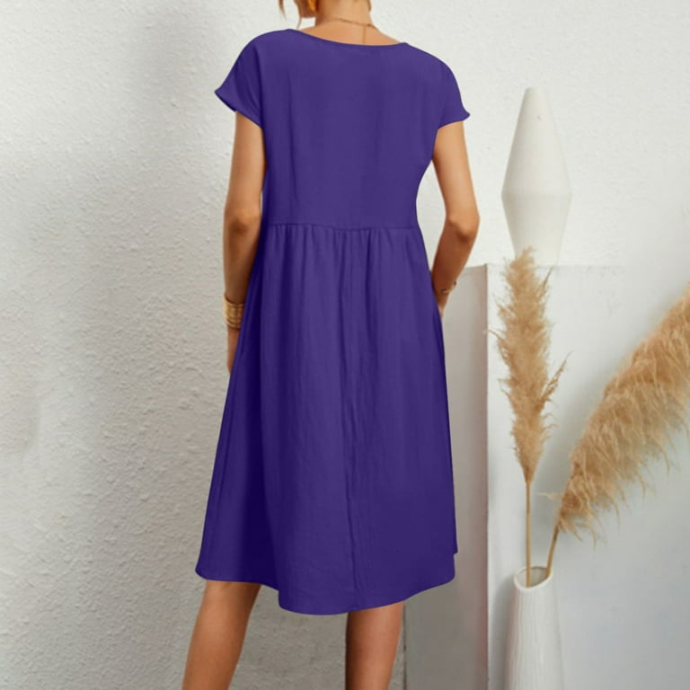 LLYWEY Formal Dresses for Women Wedding Guest Casual Summer Cotton Linen Solid Color Round Neck Short Sleeve Dress Midi Dress Women Size Polyester
