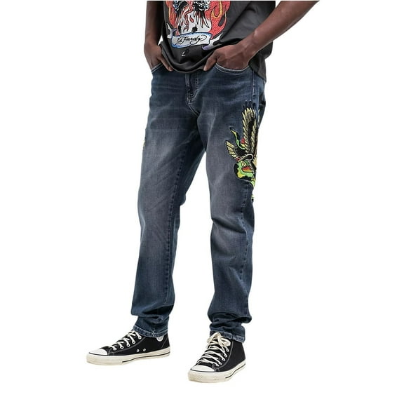 Ed Hardy Eagle Snake Slim Straight Denim Jeans - MEHD8301-8 (Y2K Med Blue, 32)