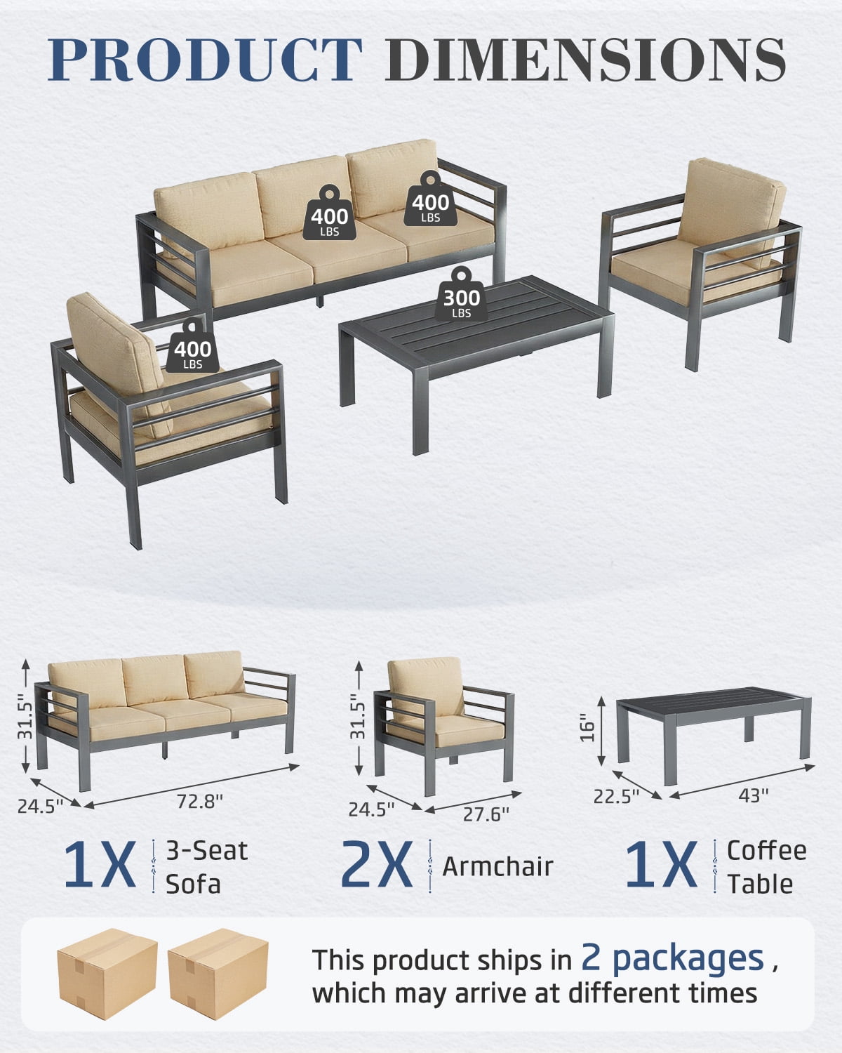 AECOJOY Aluminum Patio Furniture Sets,4 Pieces Outdoor Metal Conversation Sectional Sofa with Coffee Table, Beige