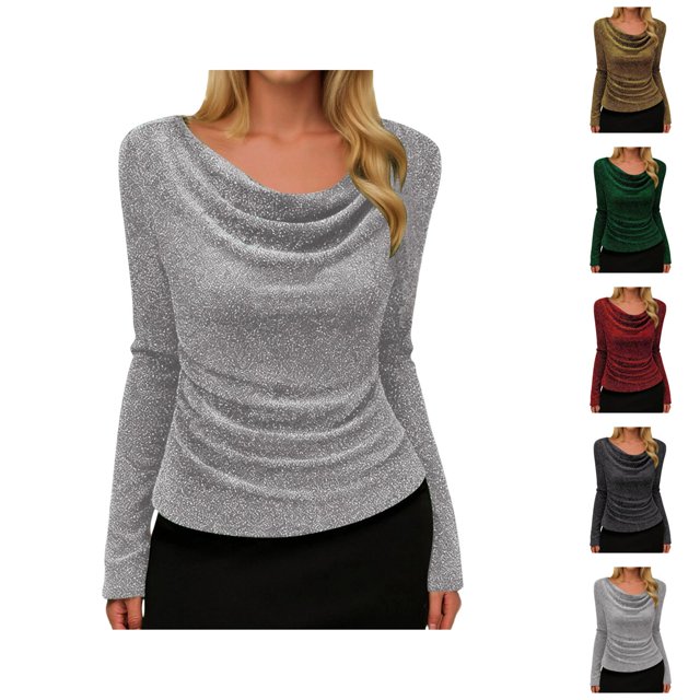 Womens Sparkle Top 2026 Spring Trendy Long Sleeve Cowl Neck Stretch T Shirts Going out Tops Rave Outfits