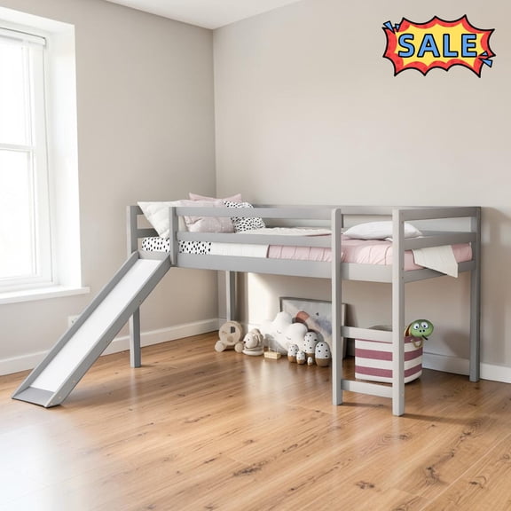 Tcbosik Twin Size Loft Bed with Slide and Ladder, Wood Bed Frame for Bedroom, Easy Assembly, Gray