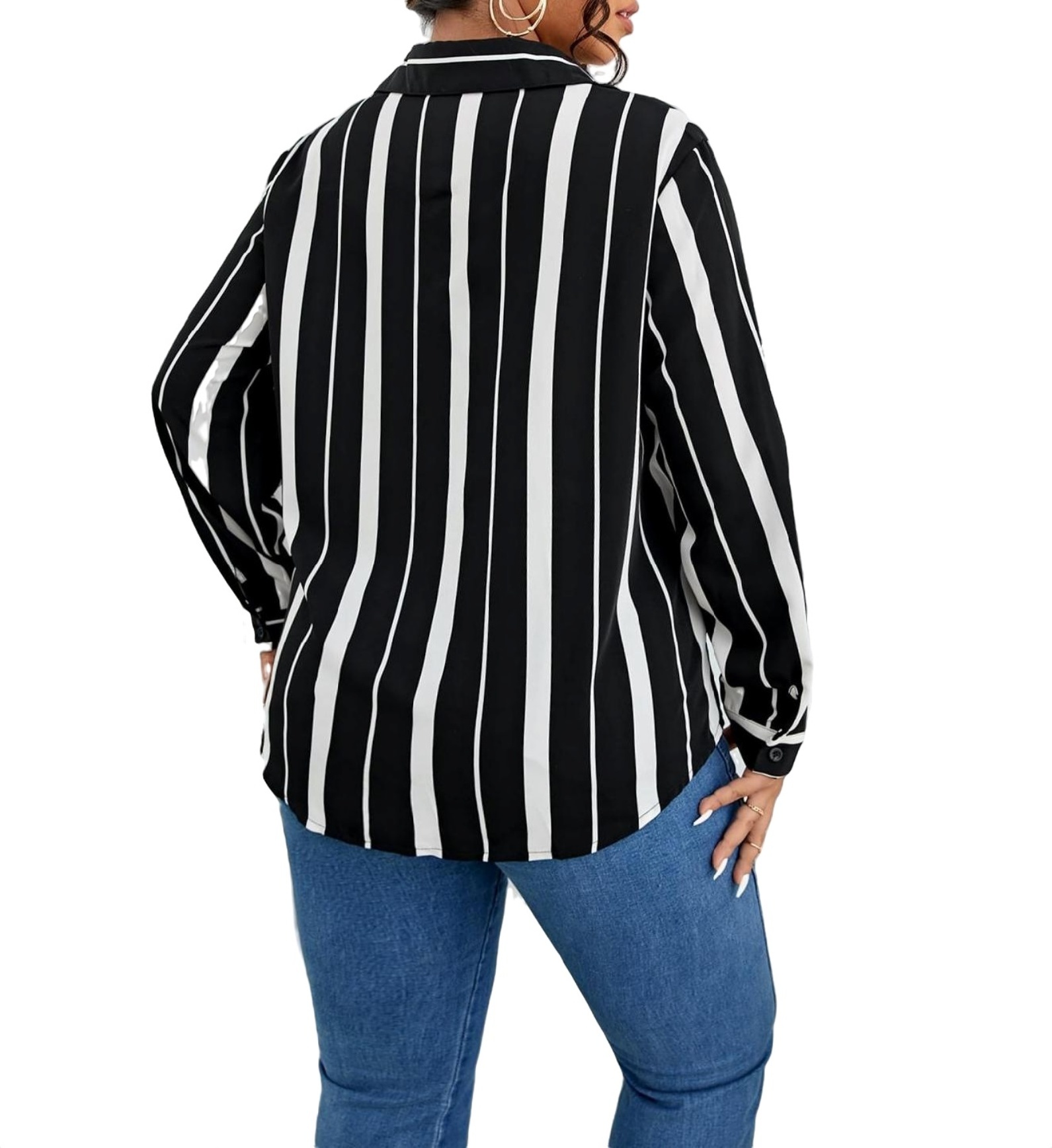 Casual Striped Print Collar Shirt Long Sleeve Black and White Plus Size ...