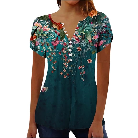 DeHolifer Womens T-Shirts V-Neck Button Floral Printed Dressy Casual Short Sleeve Summer Tops Pleated Ladies Tunic Blouses Multicolor XL