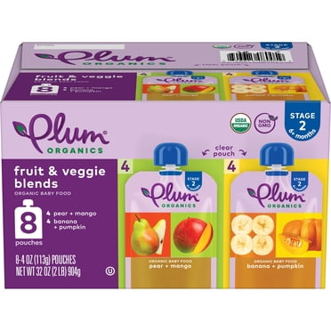 Plum Organics® Stage 2 Fruit & Veggie Blends Organic Baby Food Pear   Mango and Banana   Pumpkin, 4 oz Pouch, 8 pack