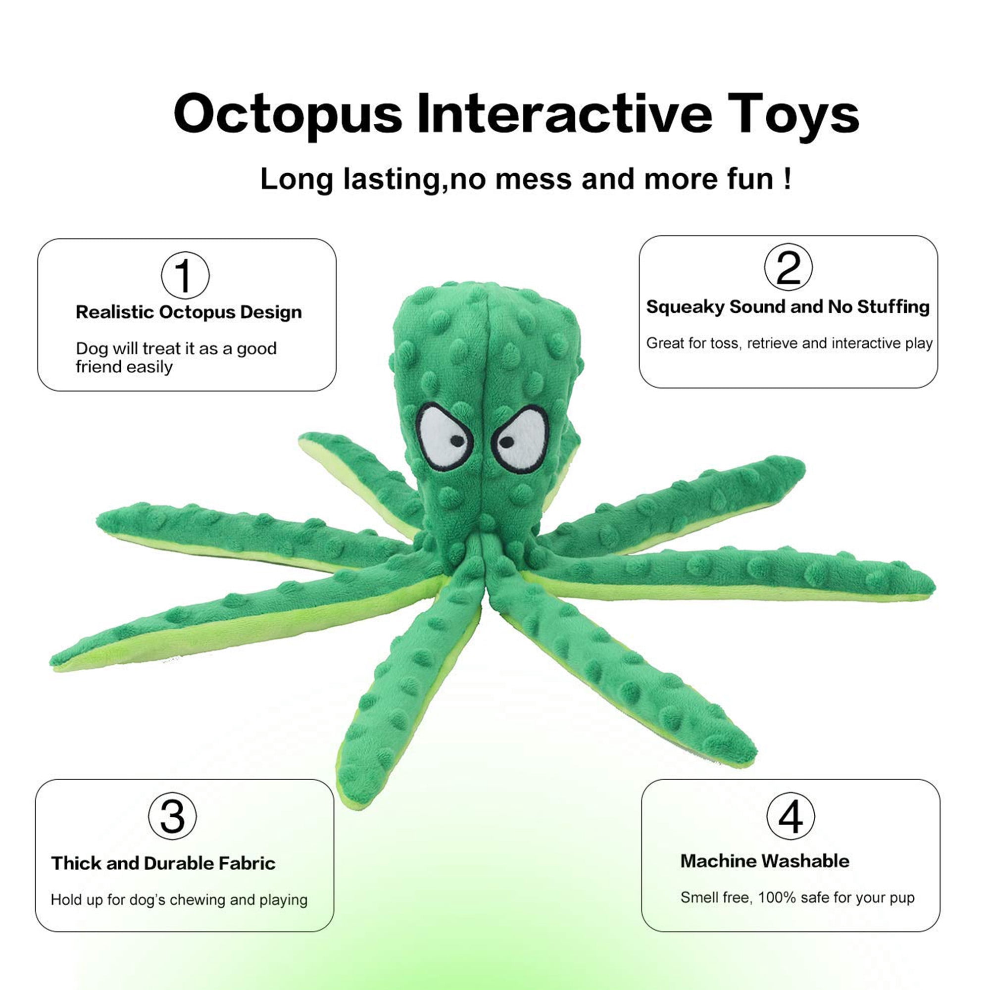 Durable Dog Chew Toys for Puppy Teething, Interactive Squeaky Crinkle Plush Octopus Toy for Small Medium Large Dogs, No Stuffing Safe Design, Training Boredom Relief, 2 Pack, Green and Orange