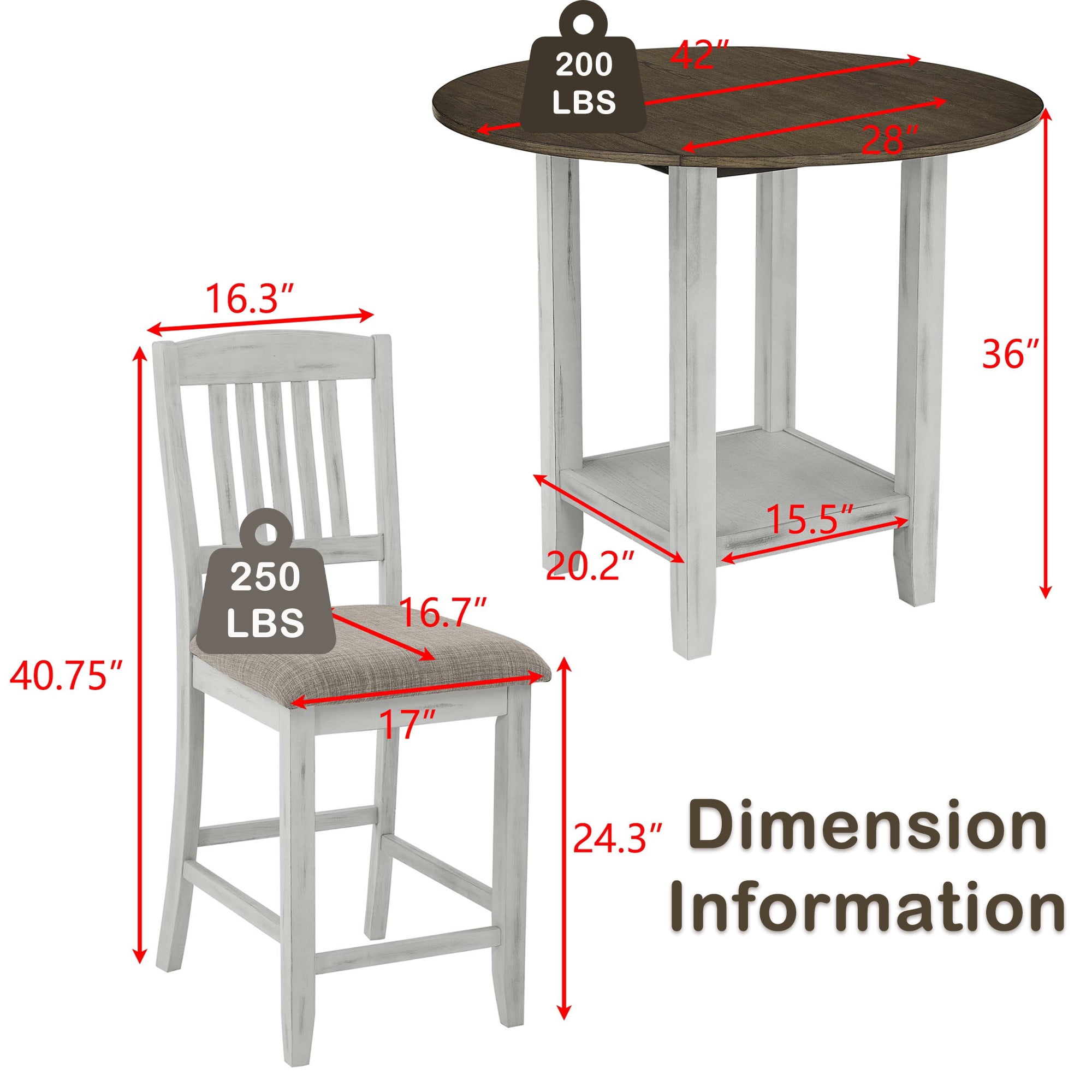 PORKISS Round Large Dining Table Sets for 4, Solid Wood Extendable Kitchen Table Set with 4 Upholstered Chairs, Dining Room Set with Storage Space, Brown White #2