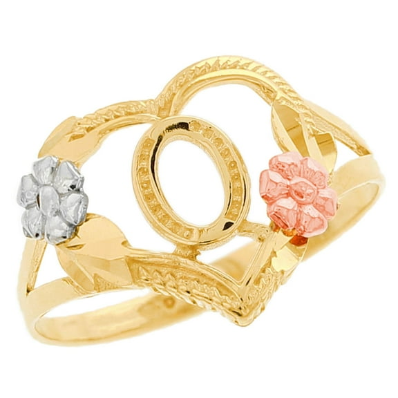 JackAni 14k Multi-Tone Gold Diamond Cut Floral Letter Initial O Heart Ring - Size 10.75