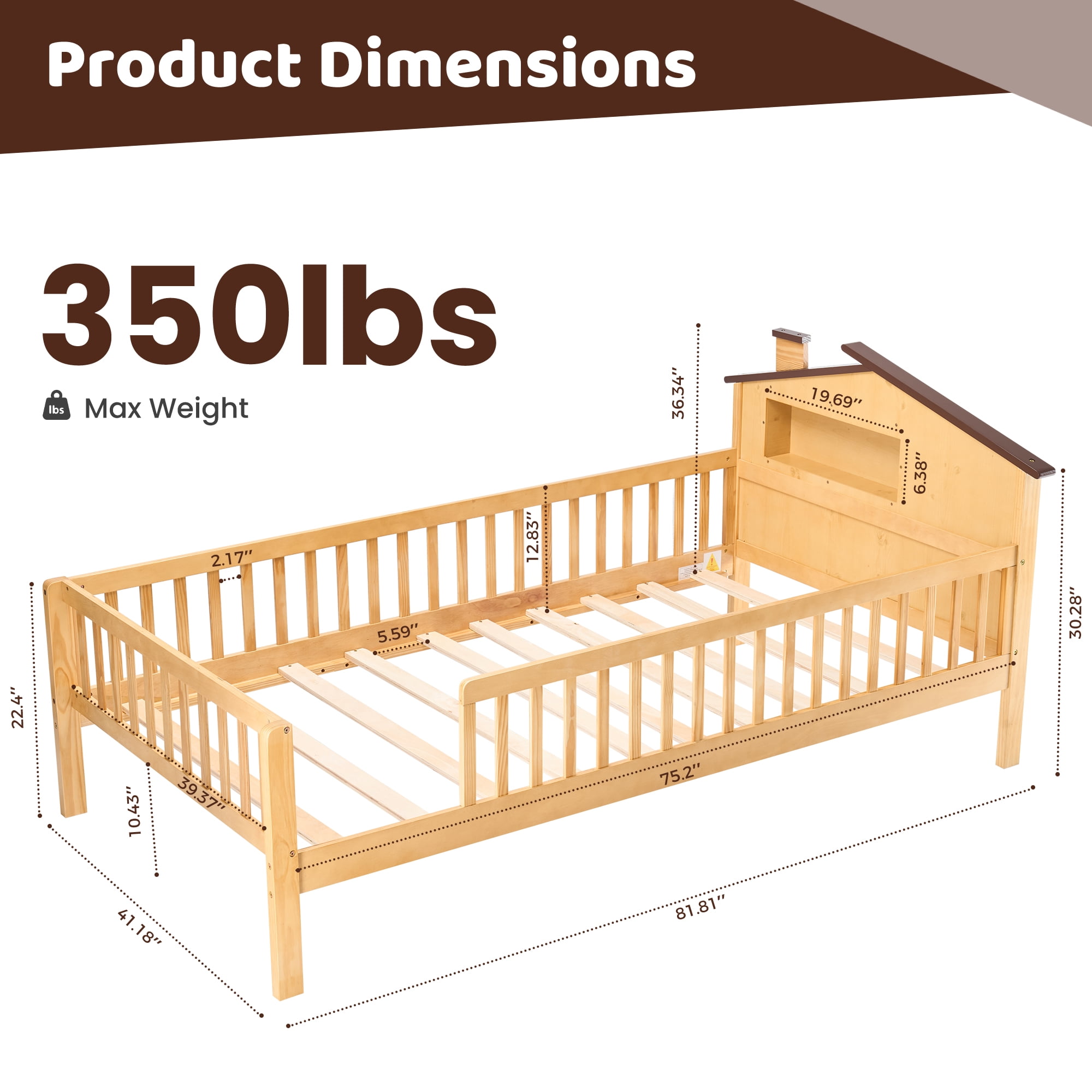 Twin Size Bed Frame with Storage- Twin Bed Frame with Solid Wood House Headboard & Safety Guardrails, No Box Spring Needed