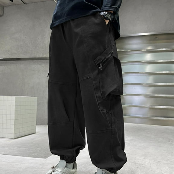 Sentmoon Cargo Pants for Boys Elastic Waist Straight Fit Wide Leg Parachute Pants Multiple Pockets Elastic Hem Solid Color Joggers Comfy for Child Sports Wear Black 6 Years