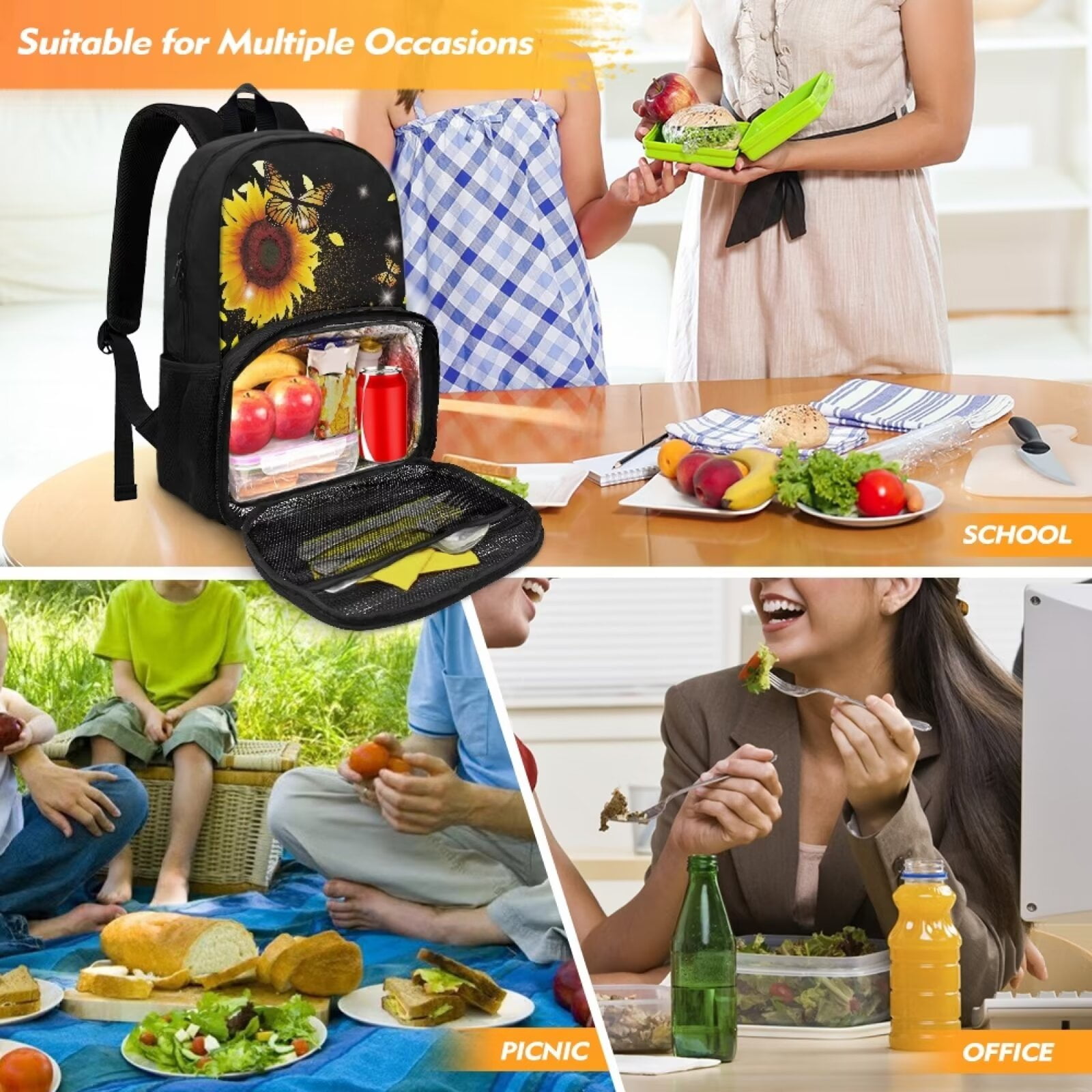 FOR U DESIGNS Sunflowers Butterfly Backpack with Lunch Compartment Teens Middle High School Shoulder School Bag Elementary Travelling Purse Daypack for Women