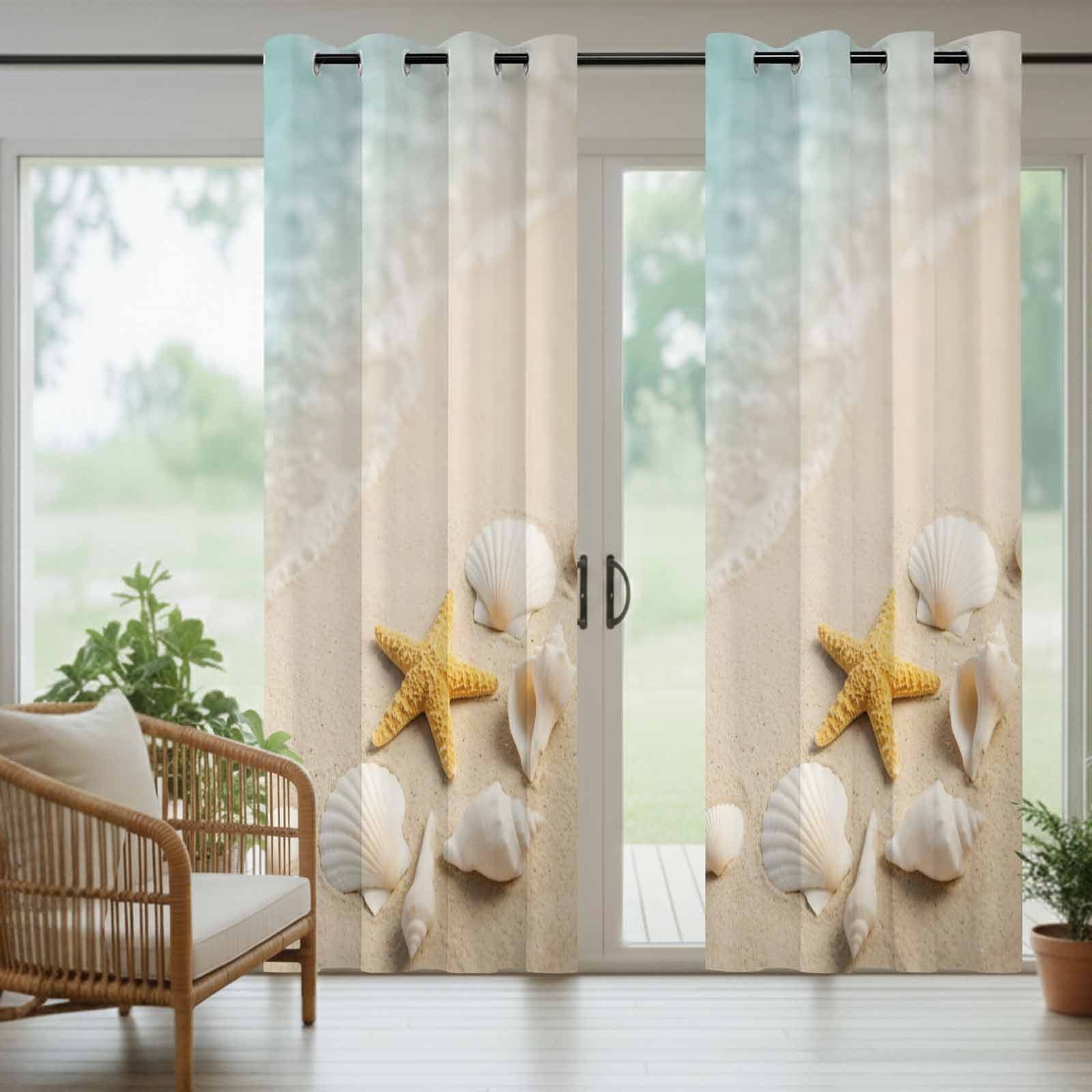 Ocean Outdoor Curtains for Patio, Summer Beach Teal Sea Wave Starfish Seashells Beige Sand Sunshade Privacy Drapes Grommet Waterproof Outside Curtains for Porch/Cabana/Balcony 54"x 108", 2 Panel