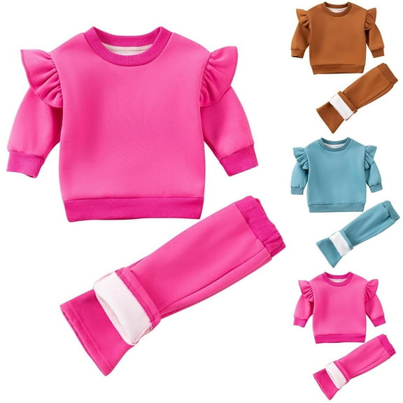 Baby Girl Winter Outfits Sets, Toddler Solid Fleece Lined Ruffle Long Sleeve Crew Neck Sweatshirts Elastic Waist Jogger Sweatpants 2 Piece Sets