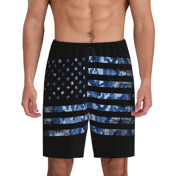 Balery Navy Camouflage American Flag Pantalones cortos de pijama de punto de algodón para hombre con cinturilla y bolsillos-XX-Large