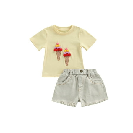 

JBEELATE 2PCS Set Toddler Kids Baby Girls Outfits Clothes Ice Cream Printed T-Shirt+Denim Shorts Pants