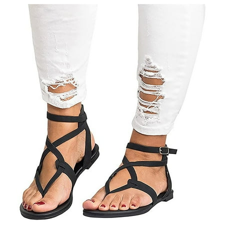 

BRISEZZS Women s Flat Sandals- Plus Thin Straps Casual Lace Open Toe Summer Sandals #747 Black