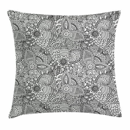 Henna Throw Pillow Cushion Cover, Monochrome Design Ethnic Cultural Pattern Intricate Mehendi Swirls Asian Leaves, Decorative Square Accent Pillow Case, 18 X 18 Inches, Black White, by (The Best Mehendi Designs)