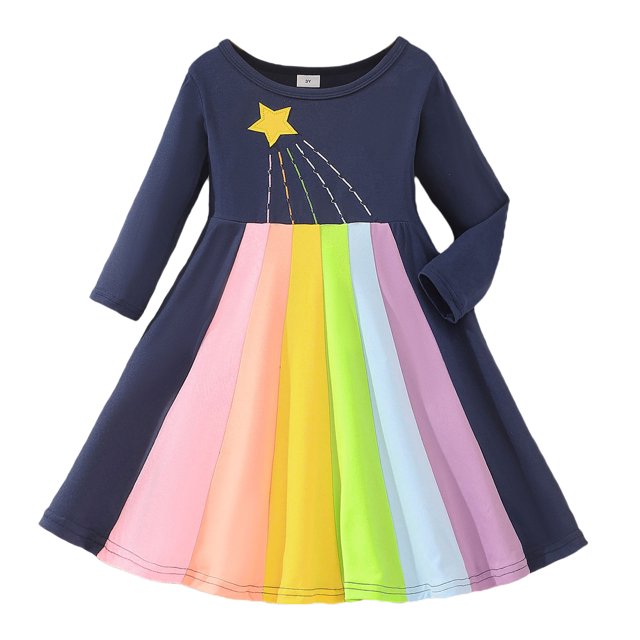 Cathalem Longues Robe Fille à Manches, Ourlet Haut-Bas, Volants, Maille Contrastante, Mignonne, Robe de Printemps pour Filles, Bleu 5 Ans
