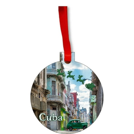 Cuba Christmas Decorations Santa Klaus and Sleigh Riding Over Old Havana, Cuba Round Shaped Flat Hardboard Christmas Ornament Tree Decoration - Unique Modern Novelty Tree Décor Favors ()