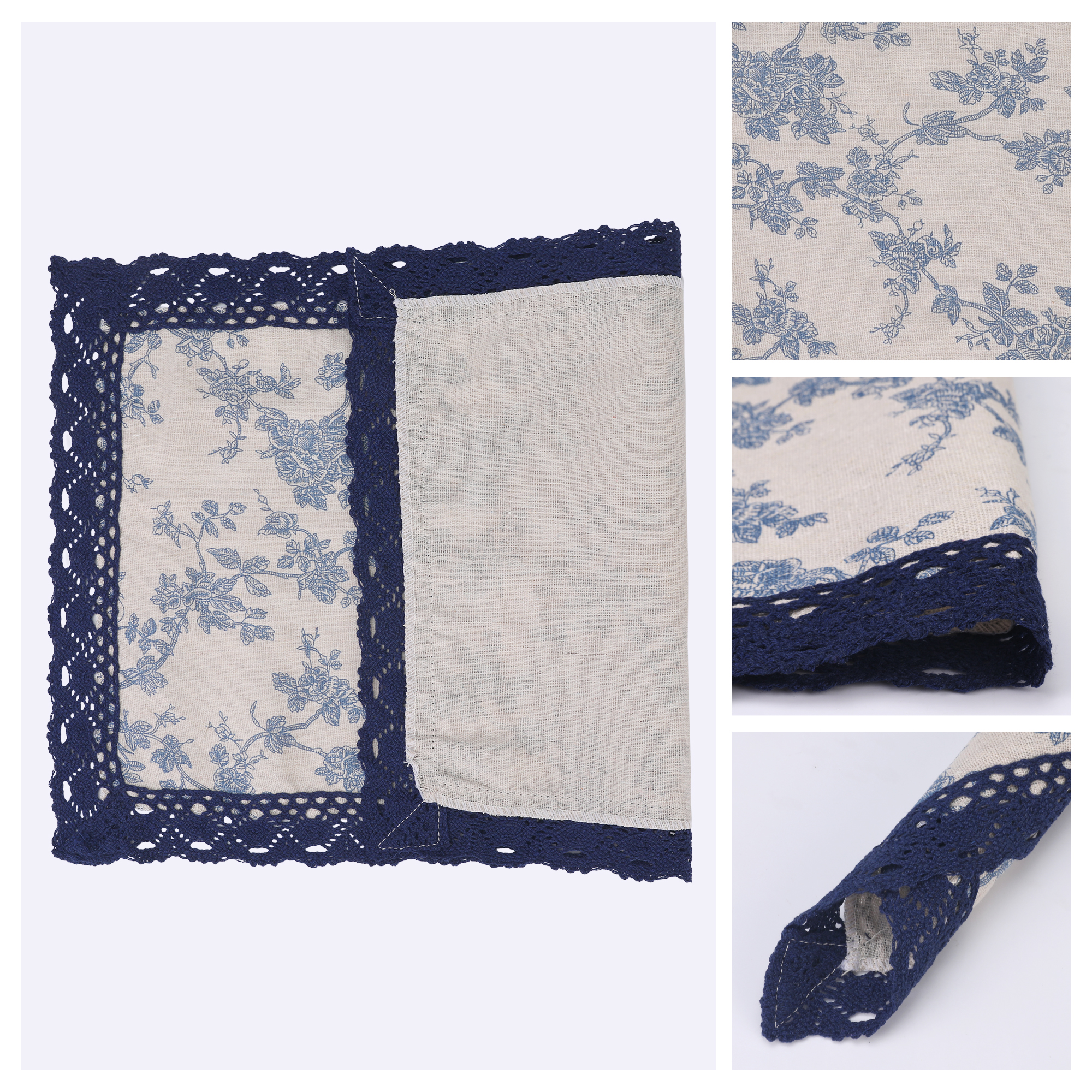 Unique Bargains Set of 6 Rustic Washable Table Mat Placemats with Lace Trim Blue Rose