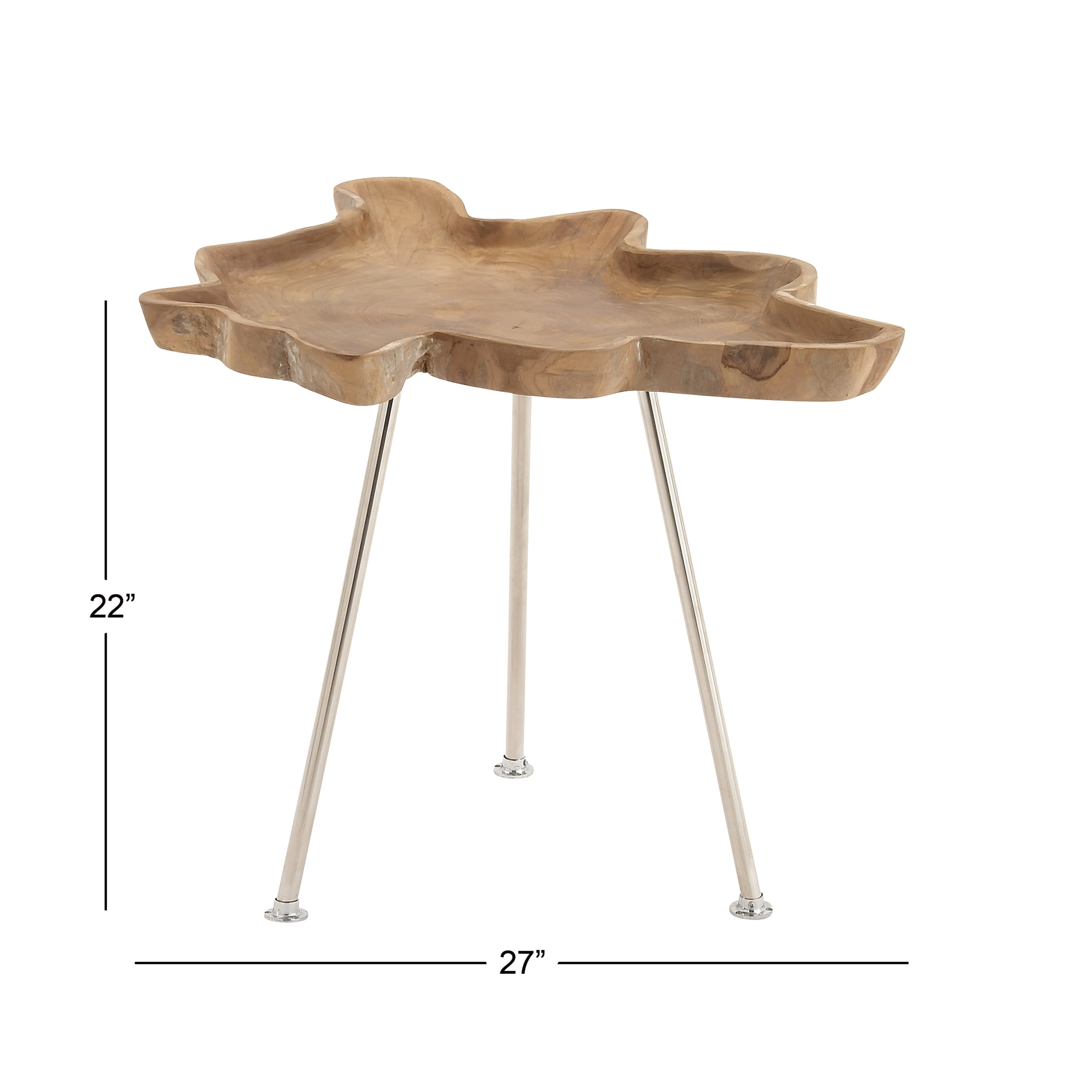 DecMode 27" x 22" Brown Teak Wood Live Edge Top Accent Table with Silver Metal Tripod Legs, 1-Piece