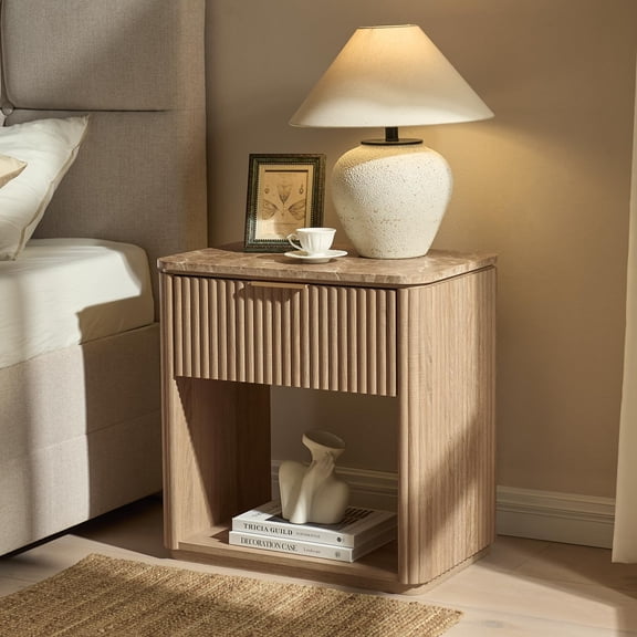 Hvoonc 24"H Fluted Wood Nightstand with Drawer, Small Oak Bedside Table with Faux Marble Top for Bedroom Living Room