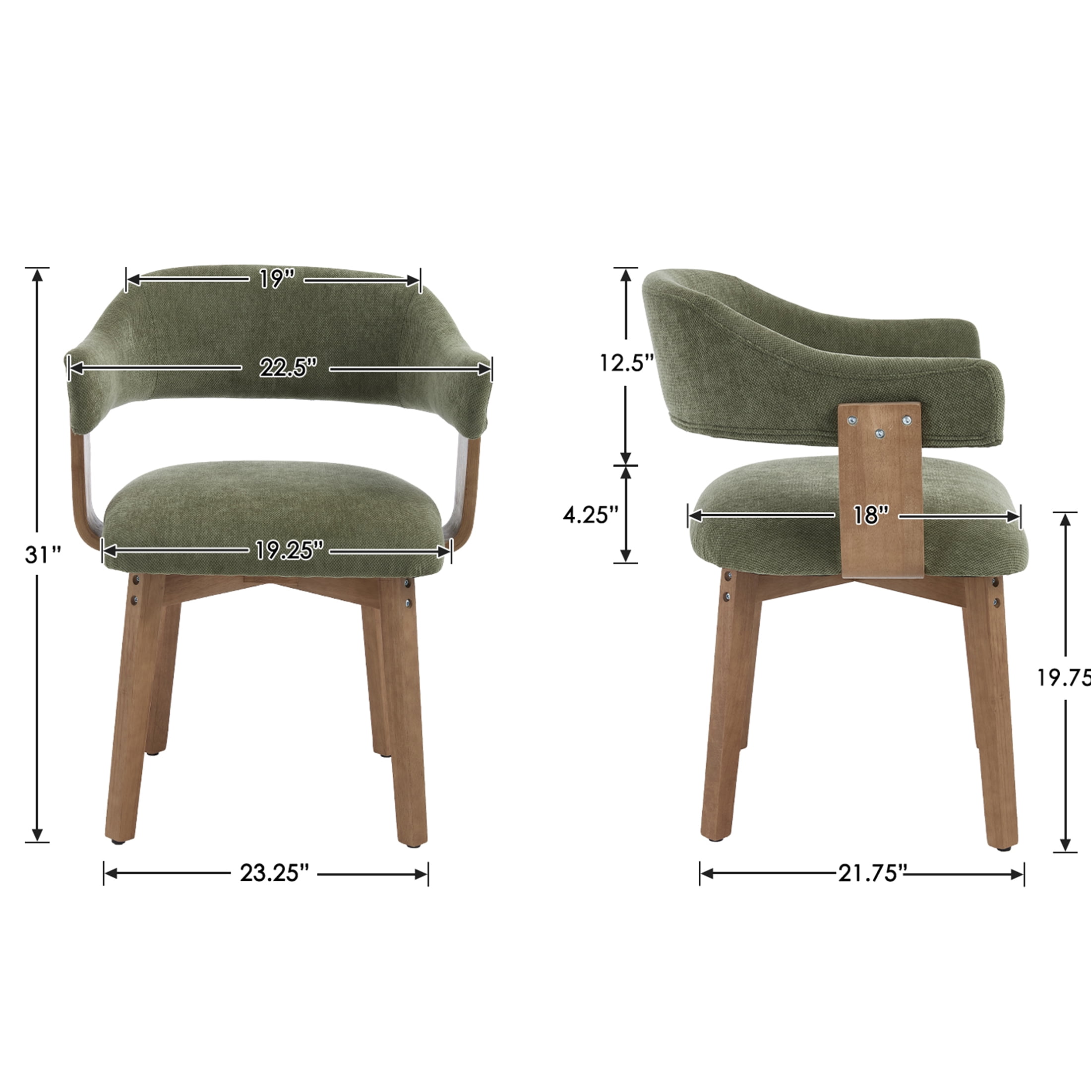 Guyou Modern Dining Chair Set of 4, Chenille Upholstered Dining Room Armchair with Curved Backrest, Mid-Century Wooden Kitchen Side Chairs for Dining Room Living Room, Green