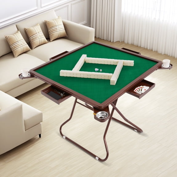 Brown Green Floor Mount Mahjong Table w/ 4 Cup Holders & 4 Drawers for 4 Player People Foldable Portable