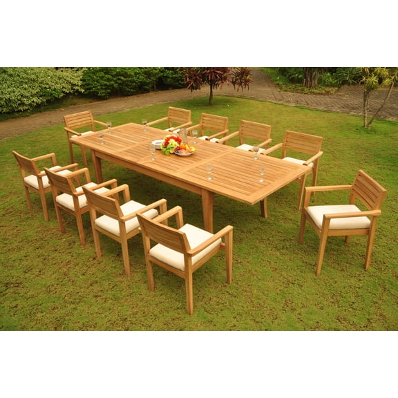 Teak Dining Set: 10 Seater 11 Pc:Large Caranasas 122" Double Extensions Premium Rectangle Dining Table & 10 Montana Stacking Arm/Captain Chairs Outdoor Patio Grade-A Teak Wood WholesaleTeak #WMDSMT19