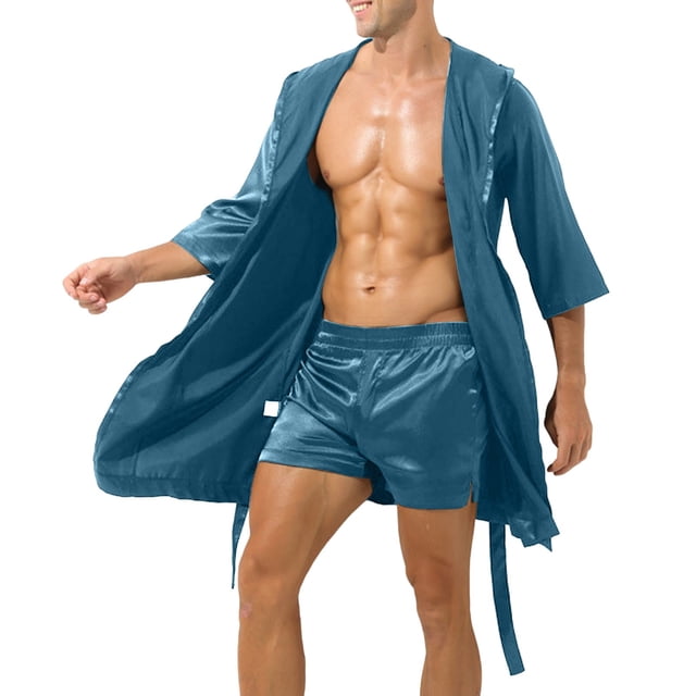 GPOECD Men's Solid Color Thin Short Sleeve Loose Drawstring Design Home Bath Robe for Casual Wear and as Men's Pajamas Army Green,M