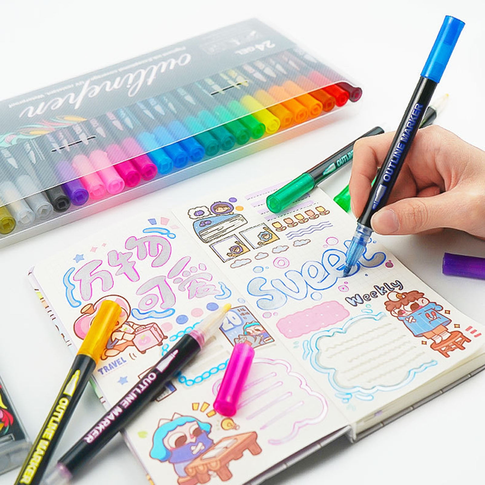 Sylvtty Dual-Tip Metallic Outline Pens Fluorescent Marker with Colorful Borders Smooth Tip Highlighters for Cards Crafts & Notes