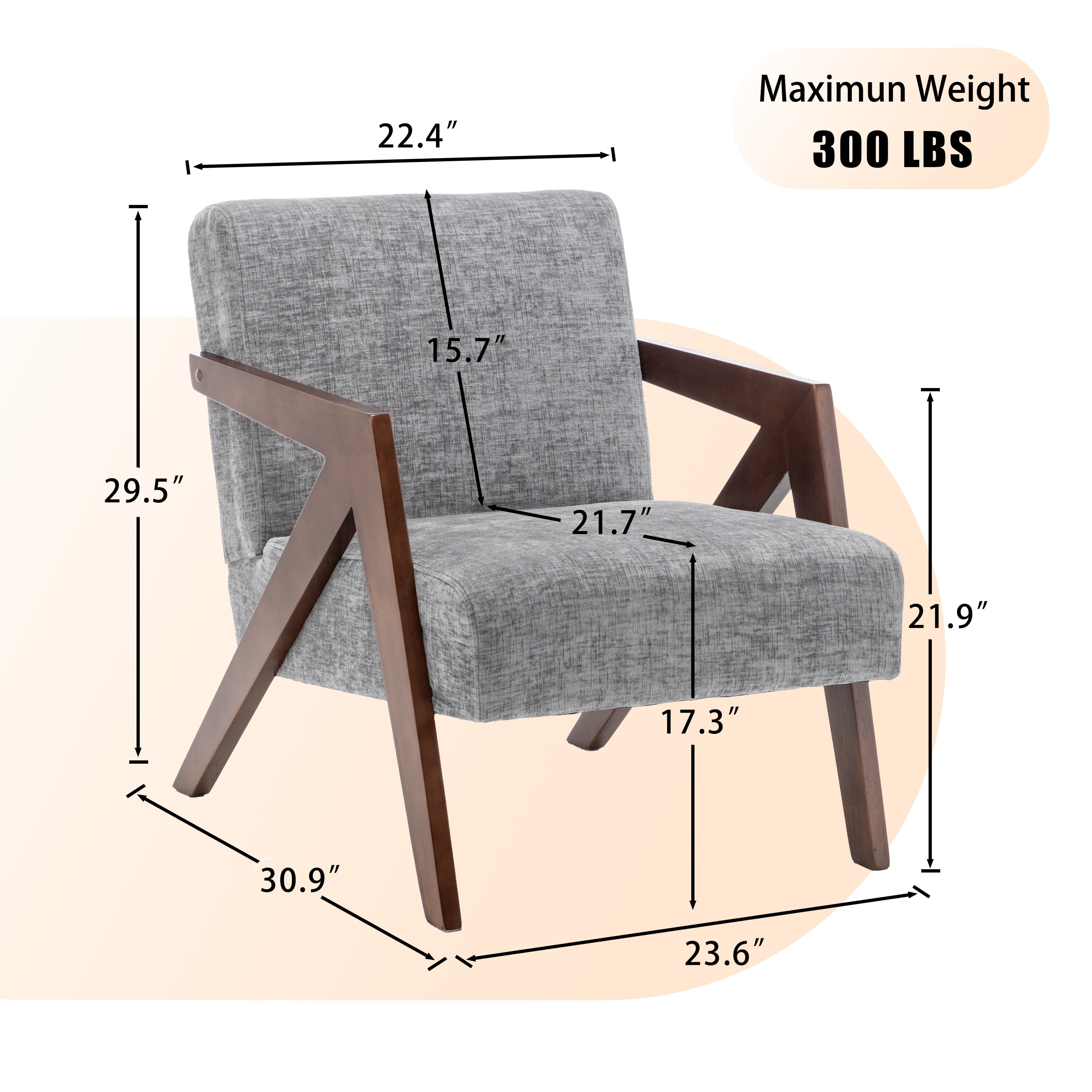 Leumius Mid Century Modern Accent Chair,Upholstered Reading Armchair with Solid Wood Frame,Accent Chair for Living Room Bedroom Apartment, Easy Assembly,Light Gray