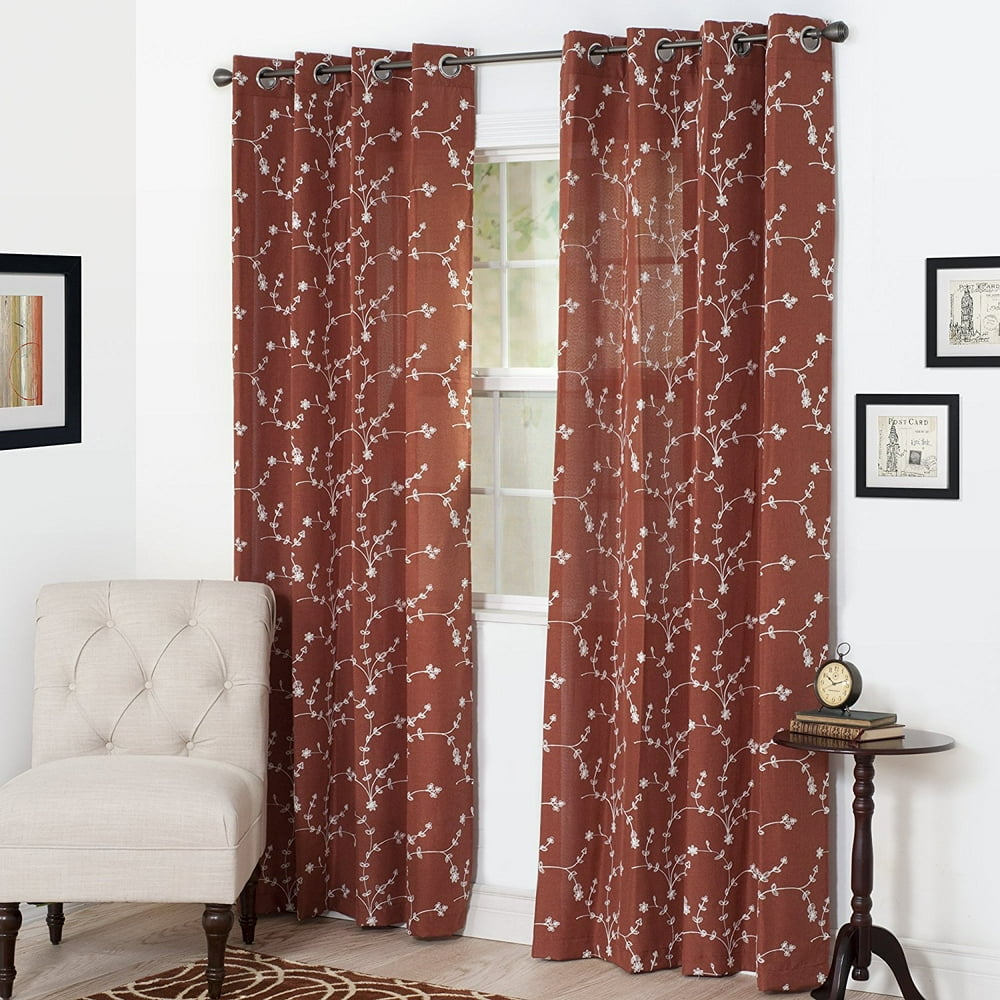 Semi Sheer Grommet Style Curtains Floral Embroidered Pattern Window