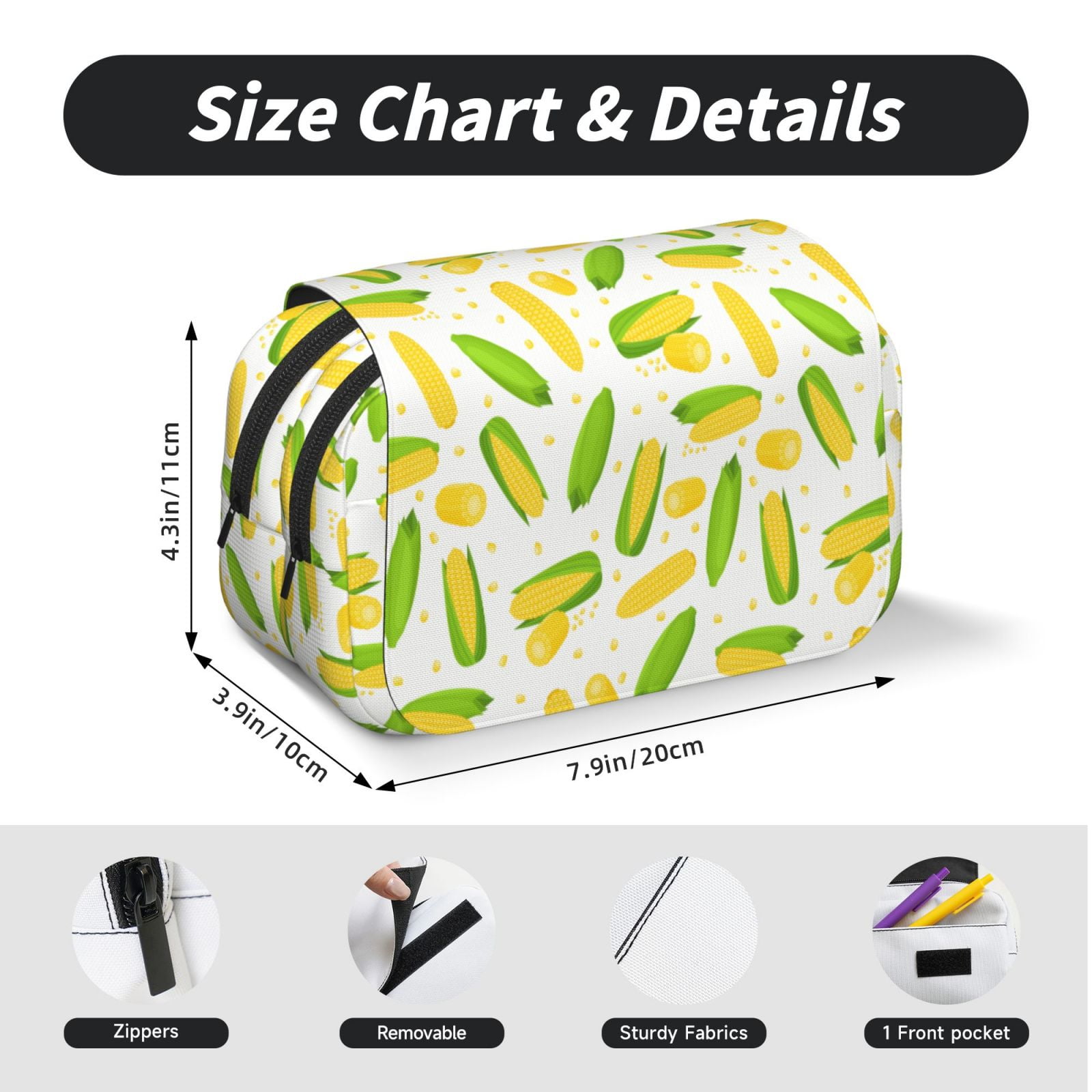 Rateoe Cartoon Corn Pattern Double Clamshell Pen Case, Storage Organizer with Two Zipper Compartments– Holds Up to 50 Pencils & Pens