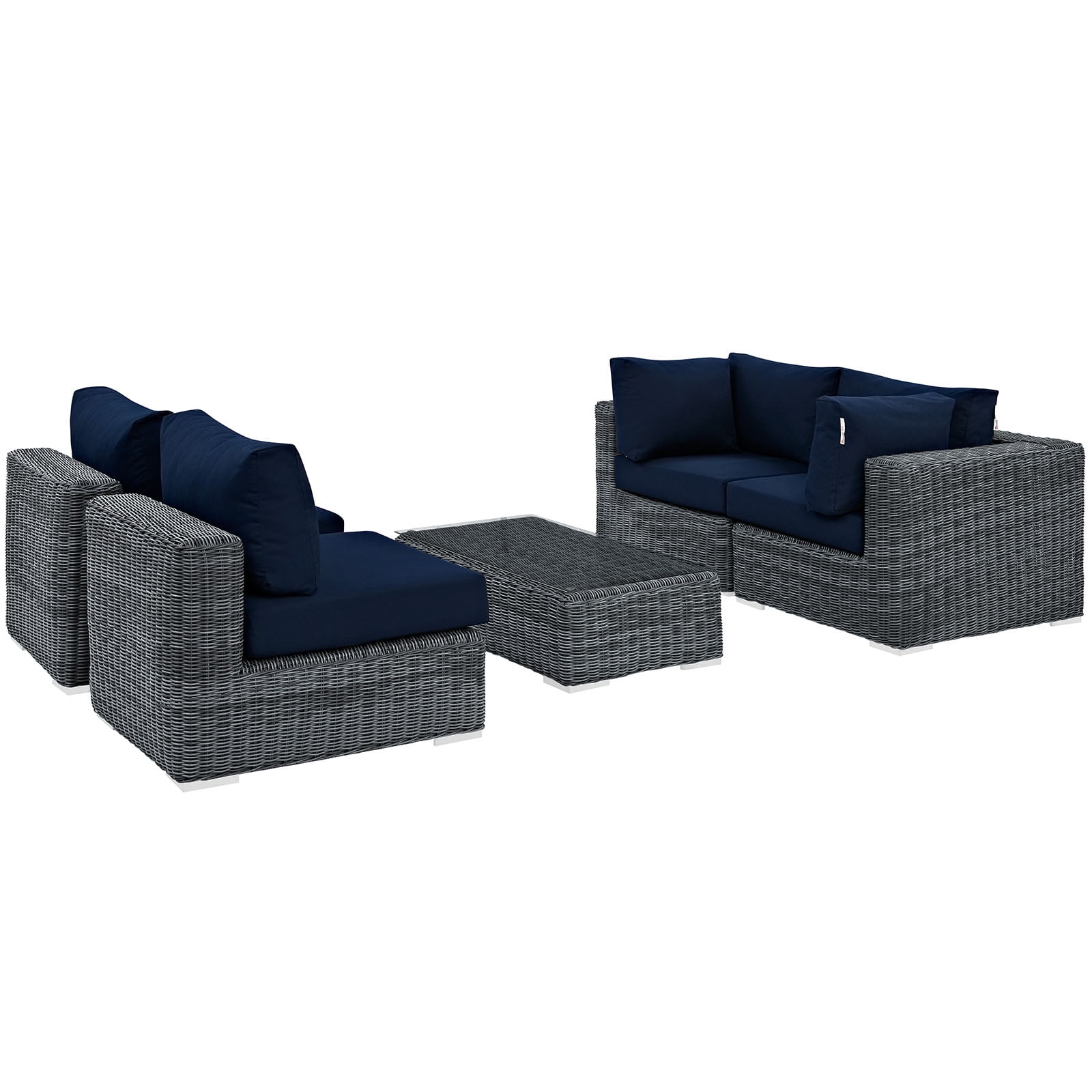 Modway Summon 5-Piece Aluminum Rattan Patio Sectional Set - Canvas/Navy