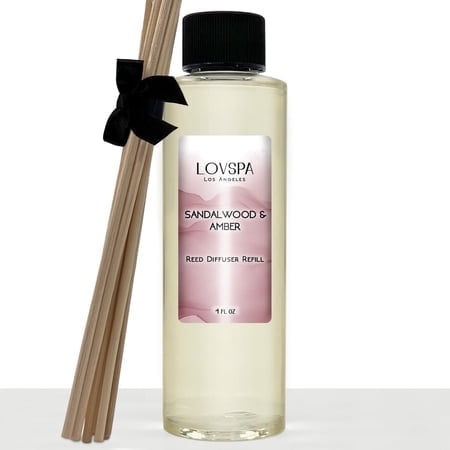 LOVSPA Sandalwood & Amber Reed Diffuser Oil Refill with Reed Sticks | Sandalwood & Amber with Notes of Bergamot Orange Rose & Violet with Base of Cedarwood & Vanilla 4 oz | Made in The USA
