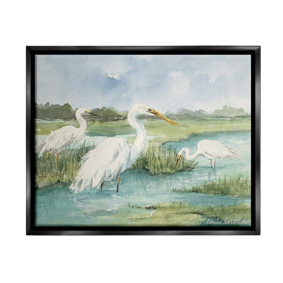 Stupell Industries Wild Egrets in Marshland Animals & Insects Painting Black Floater Framed Canvas Art Print Wall Art, 21 x 17